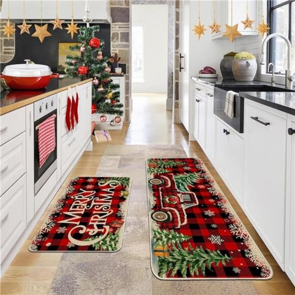 Set of 2 Christmas Kitchen‎ Mats, Red Truck Buffalo Plaid, Farmhouse Decor - Picture 7 of 8